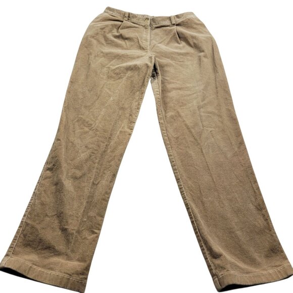 LL Bean Corduroy Pants Women's 14 M Tall Brown Curvy Fit Pleated Trousers - Picture 1 of 9